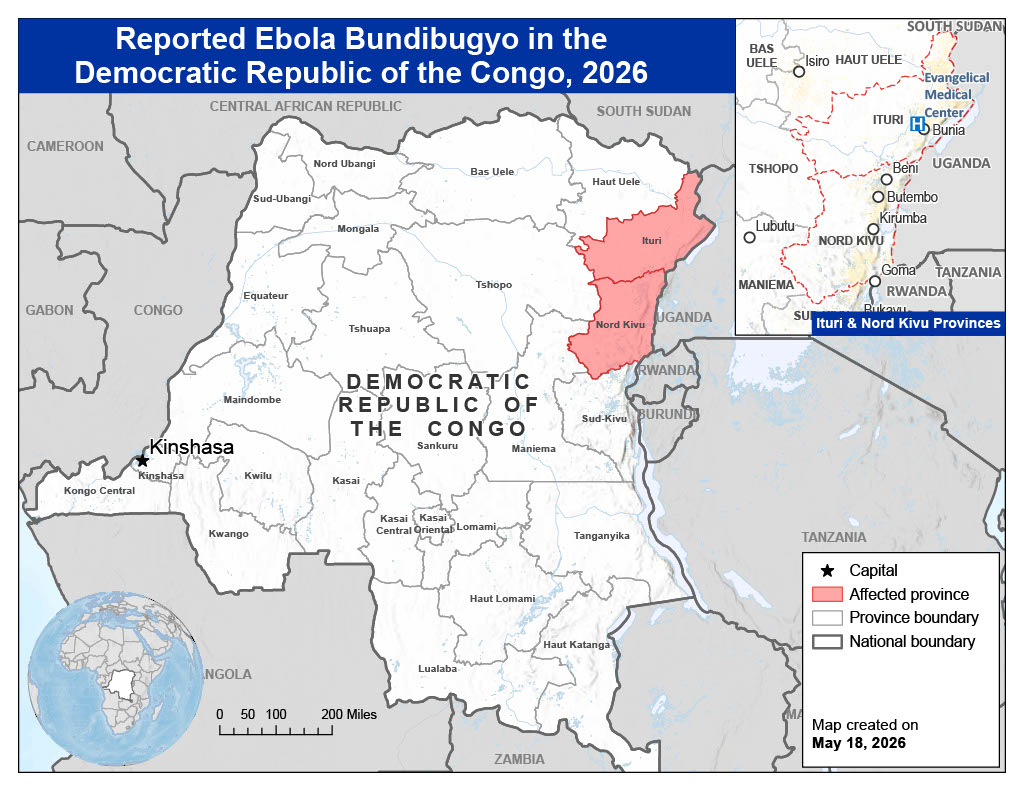 A map showing the Ituri and Nord-Kivu provinces in the northeastern DRC near Uganda. 