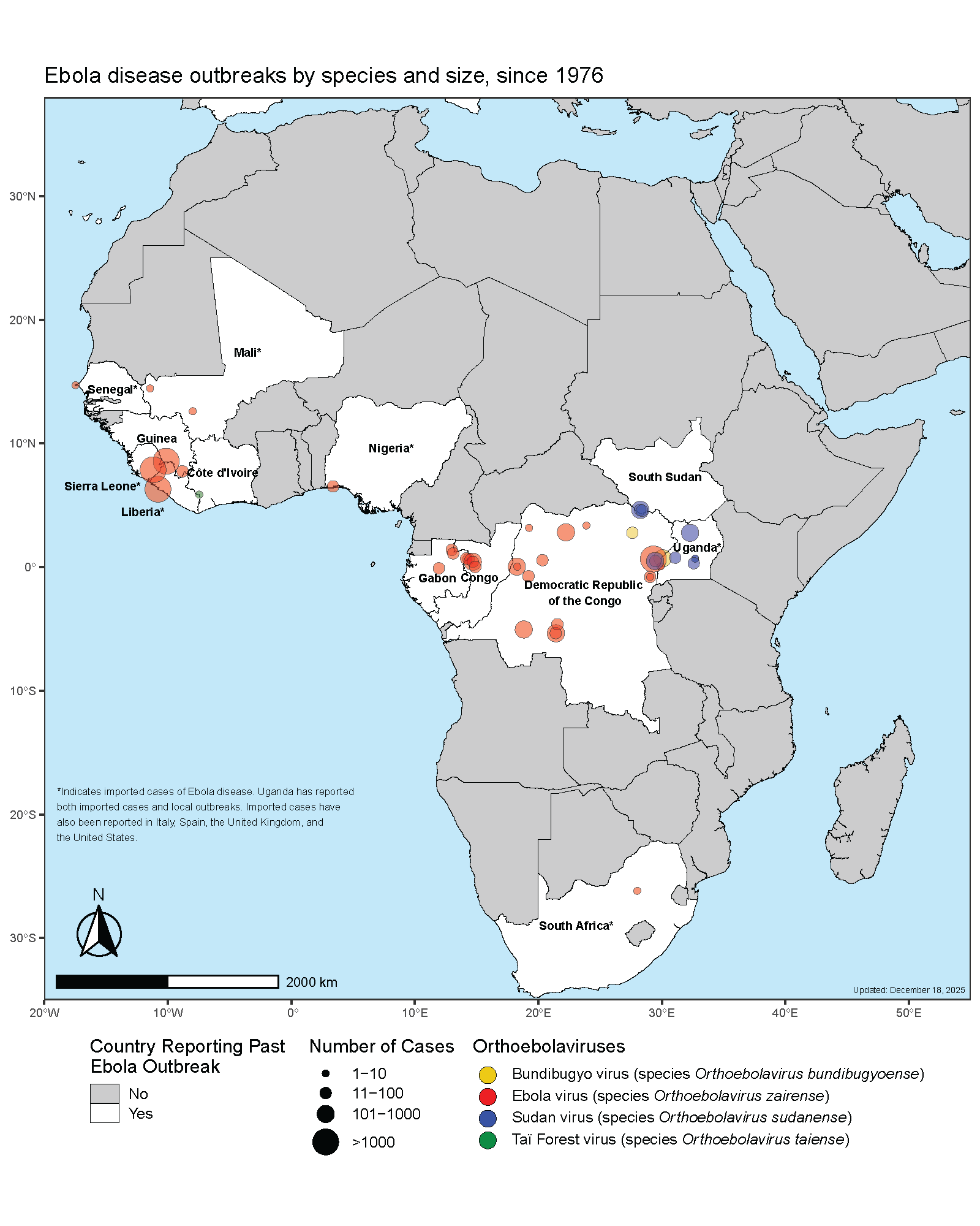 A map of Africa showing all known Ebola outbreaks.